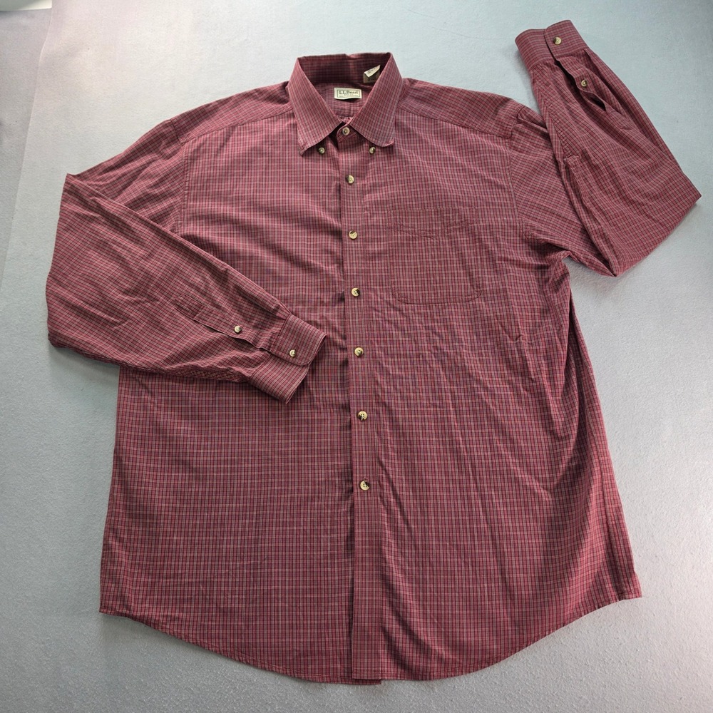 L.L.Bean Mens Large Regular Red Plaid Flannel Shirt 100% Cotton Outdoors